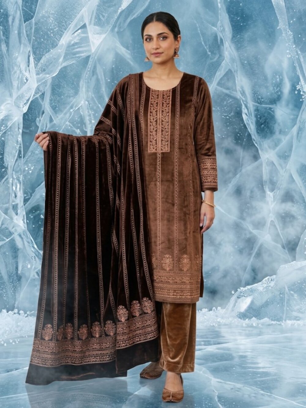 Women's 3-Piece Velvet Outfit Set, Embroidered Long Sleeve Tunic Top, Solid Wide